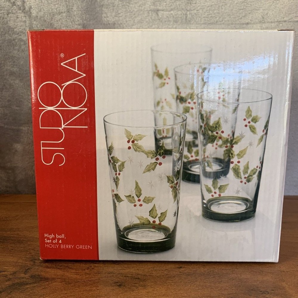 NIB‎ SET 4 STUDIO NOVA HIGH BALL Holly Berry Green 5.75" GLASSES